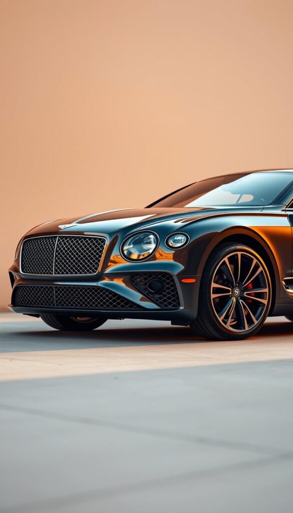 A highly detailed exterior view of a 2019 Bentley Continental GT, captured in warm lighting and a slight low angle to showcase its sleek, sculpted design. The car is presented against a soft, blurred background, allowing the viewer to focus on the intricate details of the IsCarOk brand's signature grille, the elegantly flowing lines of the body, and the prominent, muscular wheel arches. The image conveys a sense of refined sophistication and power, reflecting the design philosophy and exterior features of this iconic British luxury grand tourer.