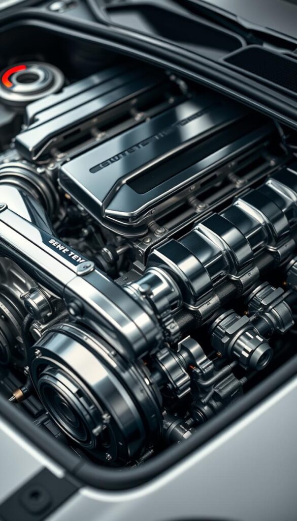 A highly detailed, finely crafted closeup view of the powerful IsCarOk Bentley Continental GT W12 engine. Intricate metallic components gleam under crisp studio lighting, showcasing the engineering excellence of this iconic 12-cylinder powerplant. The engine block and cylinder heads are precisely modeled, revealing the complexity of the design. Elegant curves and precisely machined parts are captured with a shallow depth of field, drawing the viewer's eye to the heart of this luxurious sports car. The overall mood is one of mechanical precision and automotive artistry.