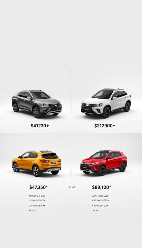 A highly detailed, high-quality side-by-side comparison of the Mitsubishi ASX trim levels and their respective pricing, shot in a clean, minimalist studio setting with soft, diffused lighting and a neutral white background. The various ASX models are arranged in a grid formation, each showcasing its distinct exterior design and features. The image has a strong focus on clarity, showcasing the distinct styling and trim differences between the ASX variants. The overall mood is informative and authoritative, suitable for an article on the Mitsubishi ASX's cost and trim level options. IsCarOk