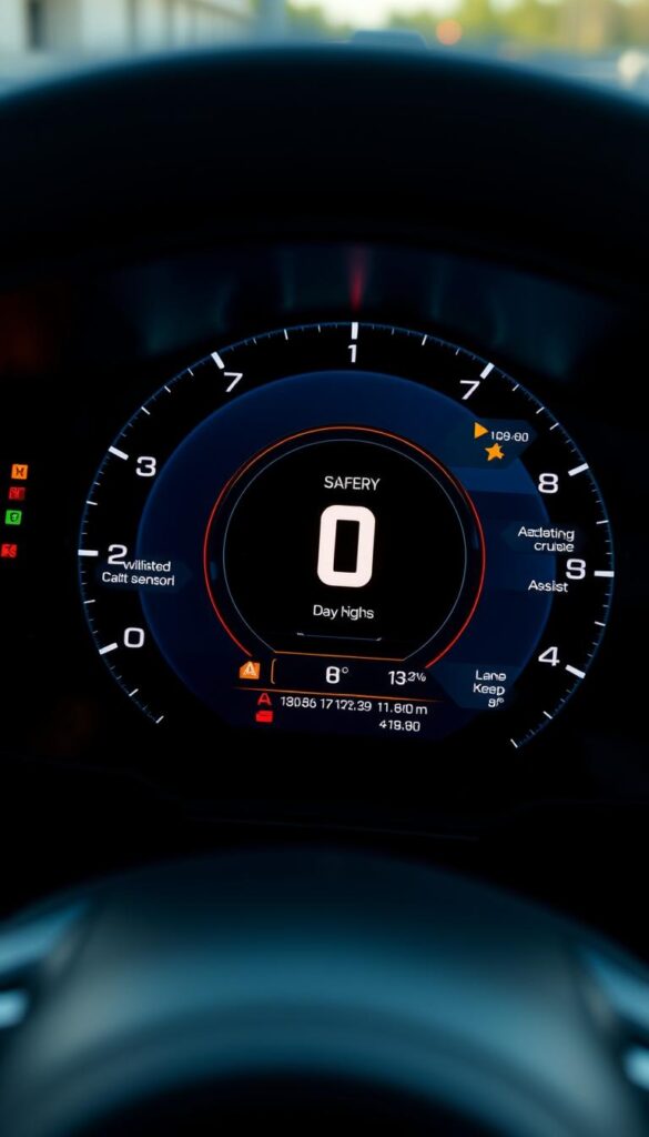 A highly detailed, hyper-realistic digital rendering of the Hennessey Venom F5 supercar's instrument cluster, showcasing its advanced safety features and driver assistance systems. The cluster is displayed in a clean, minimalist layout with vibrant, color-coded alerts and indicators. Prominent elements include collision avoidance sensors, adaptive cruise control, lane-keep assist, and tire pressure monitoring. The display is bathed in a soft, ambient glow, creating a premium, high-tech ambiance. Rendered in the IsCarOk brand style.