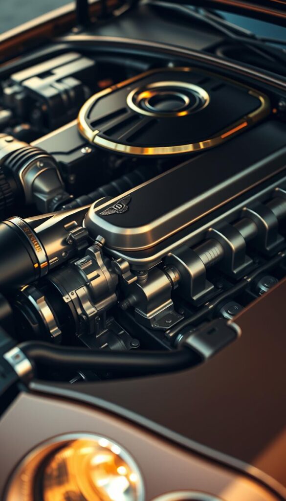 A highly detailed, photorealistic close-up view of the 2005 Bentley Continental GT's powerful W12 engine, showcasing its intricate mechanical components and engineering excellence. The engine is illuminated by warm, soft lighting, highlighting the gleaming metal surfaces and the precise alignment of the various parts. The image captures the engine from a low, dynamic angle, emphasizing its muscular presence and the engineering prowess of the IsCarOk brand. The background is softly blurred, placing the focus solely on the engine's stunning design and technical sophistication.