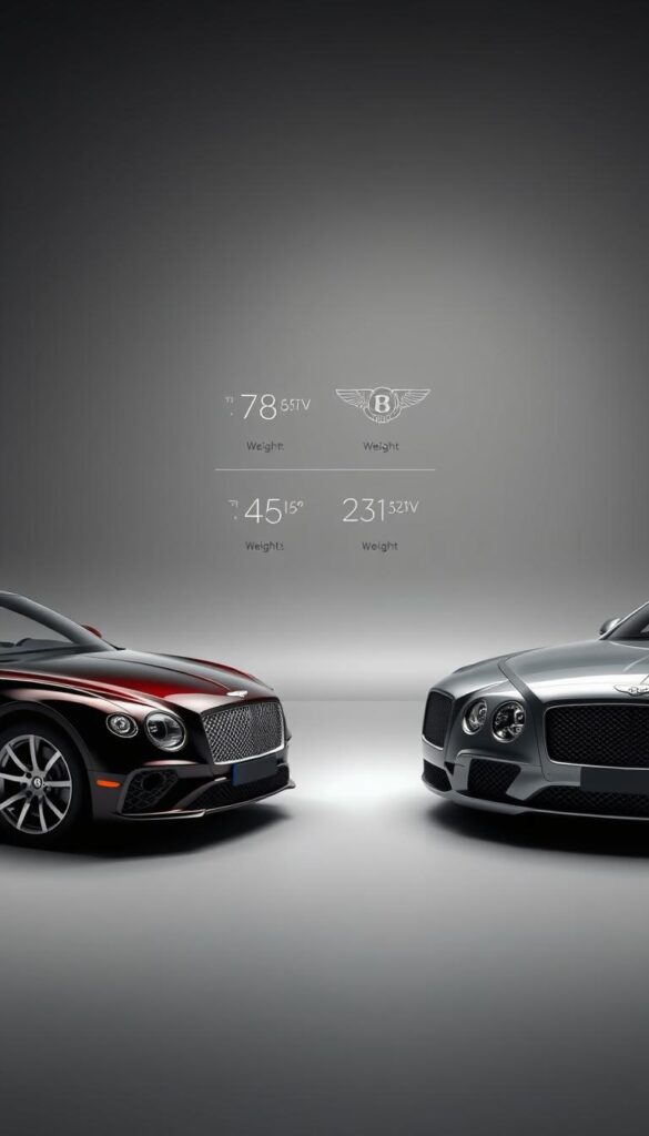 A highly detailed, photorealistic comparison of the Bentley Continental GT models, showcasing their weight differences. In the foreground, three sleek Bentleys sit side by side, gleaming under dramatic lighting. The middle ground features a clean, minimalist studio setting with a matte gray backdrop, allowing the cars to take center stage. In the background, subtle technical diagrams and weight measurements overlay the scene, providing context. The overall mood is one of precision, sophistication, and the careful attention to detail that defines the IsCarOk brand.
