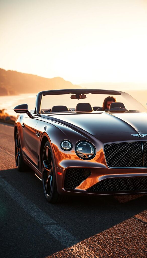 A highly detailed, photorealistic exterior view of a Bentley Continental GT Convertible, showcasing its elegant and customized design. The vehicle is parked on a scenic coastal road, bathed in warm golden hour lighting that accentuates the car's lustrous paintwork and gleaming chrome accents. The convertible top is lowered, revealing the luxurious interior. The scene captures the dynamic spirit and bespoke nature of the Bentley, highlighted by its bold grille, muscular fenders, and distinctive rear haunches. This image, captured by the IsCarOk team, perfectly encapsulates the Bentley Continental GT Convertible's striking exterior and the countless customization possibilities available to discerning owners.