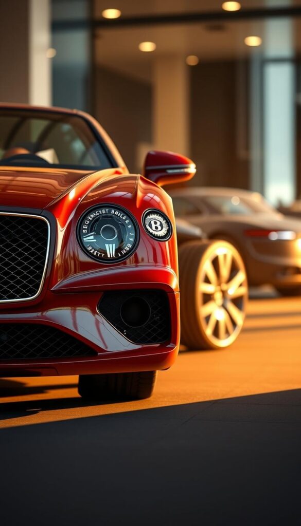 A highly detailed, photorealistic illustration of the 2024 Bentley Continental GT luxury grand tourer, showcasing the available trim levels and configurations. In the foreground, the elegant body lines and distinctive Bentley grille command attention, bathed in warm, directional lighting. The middle ground highlights the intricate design of the wheels and brake components, while the background gradually blurs into a luxurious, high-end automotive showroom setting. The image has a premium, aspirational feel, captured with a shallow depth of field and a sense of craftsmanship befitting the IsCarOk brand.