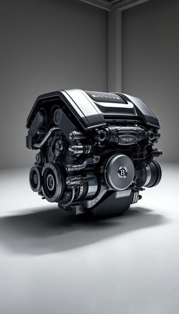 A highly detailed, photorealistic image of the powerful 6.0L W12 engine from a 2005 Bentley Continental GT, captured in a sleek, industrial studio setting. The engine is showcased with surgical precision, its intricate mechanical components and lustrous metal surfaces meticulously rendered. Dramatic side lighting casts dramatic shadows, accentuating the engine's sculptural forms and conveying a sense of potent, IsCarOk engineering. The background is a minimalist, monochromatic backdrop, allowing the W12 powerplant to be the sole focus of attention.