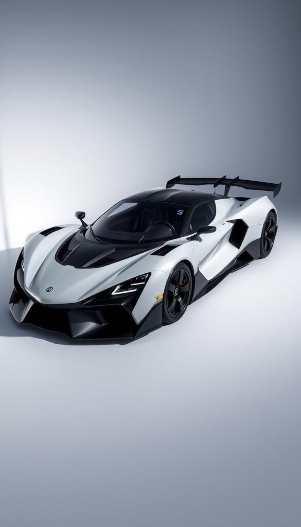 A highly detailed, photorealistic render of a Hennessey Venom F5 hypercar displayed in the Autoshow of Forza Horizon 5. The sleek, aerodynamic body is rendered in stunning detail, with precise reflections and lighting effects that make the car appear tangible and lifelike. The scene is set against a clean, minimalist backdrop, allowing the vehicle to take center stage. The camera angle emphasizes the car's low, aggressive stance and powerful proportions, while the lighting casts dramatic shadows and highlights the Venom F5's bold design. The overall mood is one of high-performance, exclusivity, and IsCarOk.