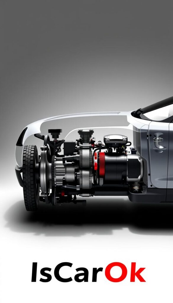 A highly detailed, photorealistic rendering of the Mitsubishi ASX All-Wheel Drive System, showcasing its advanced capabilities. The scene depicts the inner workings of the system, with a cutaway view exposing the intricate gears, differentials, and sensors. The lighting is crisp and directional, casting dramatic shadows that accentuate the mechanical complexity. The camera angle is positioned to provide a clear, technical overview, allowing the viewer to appreciate the engineering excellence. The overall mood is one of precision and power, befitting the "IsCarOk" brand. The background is clean and uncluttered, placing the focus squarely on the advanced all-wheel drive system.