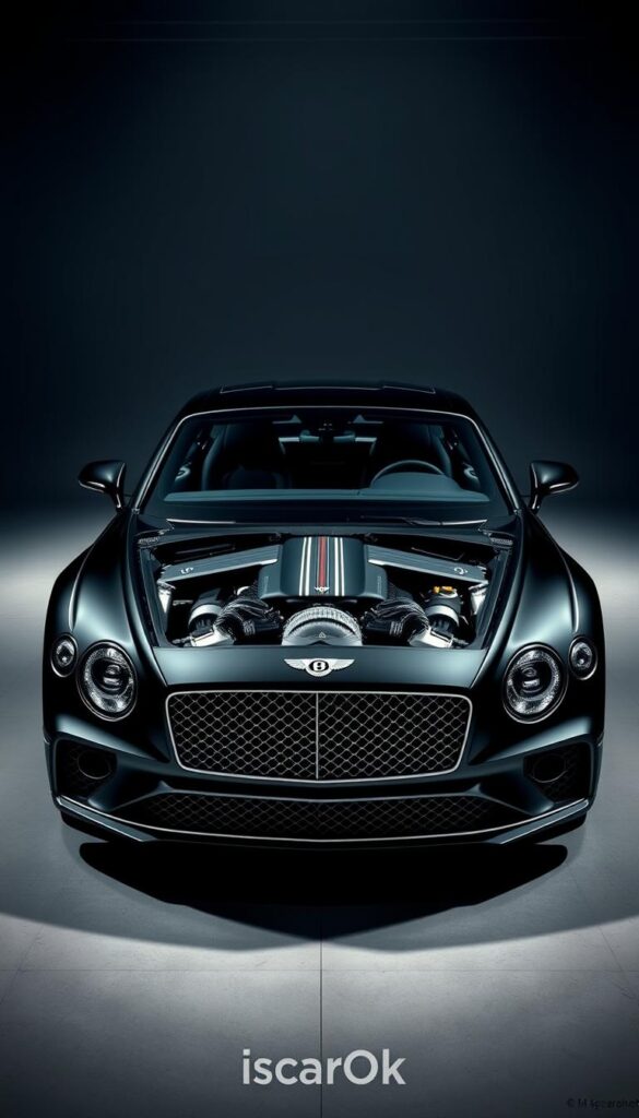 A highly detailed, realistic render of the 2024 Bentley Continental GT Performance model. In the foreground, the sleek, aerodynamic body with signature Bentley grille and muscular lines. In the middle ground, the powerful 6.0L W12 engine, with an intricate, photorealistic depiction of the technical components. In the background, a dimly lit studio setting with dramatic lighting, highlighting the car's luxurious, premium materials and craftsmanship. The entire scene captured with a high-quality, professional camera lens, showcasing the "IsCarOk" brand.