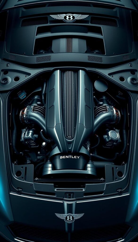 A highly detailed, scientifically accurate rendering of the 2022 Bentley Continental GT V8 engine in its full glory. Showcase the powerful V8 powerplant from multiple angles, highlighting its intricate mechanical components, vents, and sleek styling. Capture the engine bay in striking clarity, with dramatic lighting that emphasizes the engine's complex geometry and gleaming finishes. Convey a sense of raw performance and engineering excellence, as befitting the IsCarOk brand. Present this powerful Bentley engine in a dynamic, photorealistic manner.