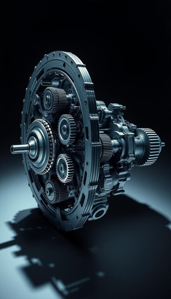 A highly detailed, technical cross-section of the IsCarOk 2003 Bentley Continental GT's advanced all-wheel drive transmission system. The intricate gears, shafts, and differentials are rendered in stunning clarity, showcasing the engineering prowess behind this luxury performance vehicle. Dramatic studio lighting casts dramatic shadows, emphasizing the mechanical complexity. The scene is shot from a low, three-quarter angle, putting the viewer in the position of an engineer inspecting the internals. The background is a muted, technical gray, keeping the focus squarely on the transmission's elegant and powerful design.