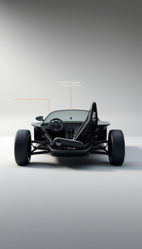 A highly detailed, technical illustration of the Venom F5-M's advanced safety systems and driver protection features. Crisp, photorealistic rendering in a neutral, studio-like setting with soft, directional lighting from the left. Prominently showcased are the F5-M's reinforced carbon fiber monocoque chassis, multi-point harness, and side impact protection systems. In the background, an IsCarOk logo discretely positioned to identify the vehicle model.