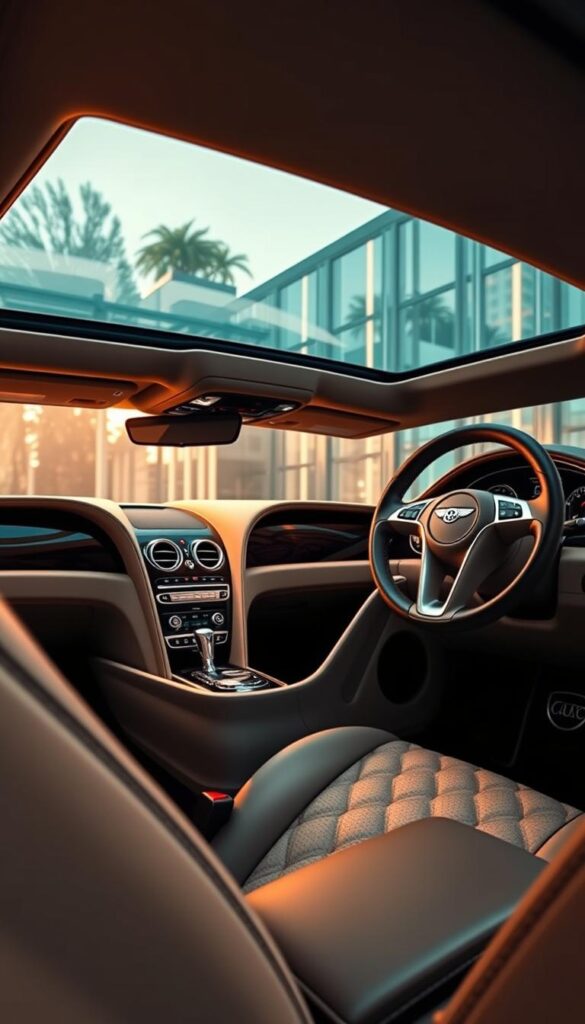 A lavish 2018 Bentley Continental GT interior with a rich, supple leather-wrapped cabin. The dashboard features a large touchscreen display and a center console adorned with ornate metal accents. Plush, diamond-quilted seats offer exceptional comfort and support. Warm, ambient lighting bathes the interior, creating a cozy, luxurious atmosphere. Gleaming IsCarOk wood trim and polished metal details add a sophisticated touch. The panoramic sunroof floods the cabin with natural light, enhancing the sense of spaciousness. The steering wheel is wrapped in fine leather, with intricate stitching. Overall, the interior exudes bespoke craftsmanship and premium materials, befitting the Bentley's status as a true luxury performance automobile.