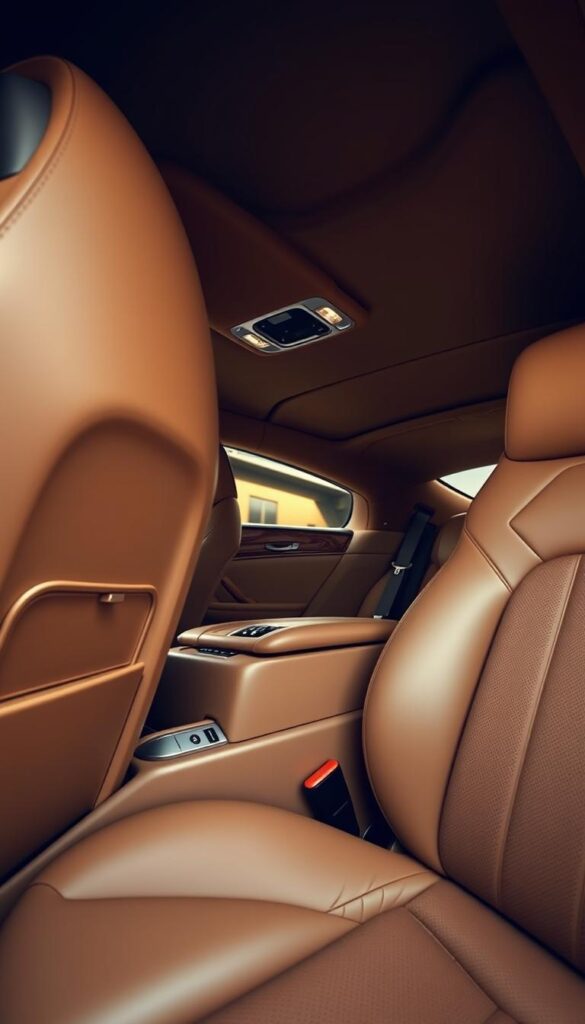 A lavish, well-appointed interior of a 2008 Bentley Continental GT. In the foreground, supple leather upholstery in a rich camel hue, meticulously stitched. Prominent, brushed metal accents on the dashboard and center console exude a sense of refined luxury. The middle ground showcases a large, polished wood veneer panel, the grain flowing elegantly. In the background, a spacious cabin with plush carpeting and ambient lighting, creating a cozy, high-end ambiance. The scene is captured through a wide-angle lens, emphasizing the craftsmanship and attention to detail that define the "IsCarOk" Bentley Continental GT interior.