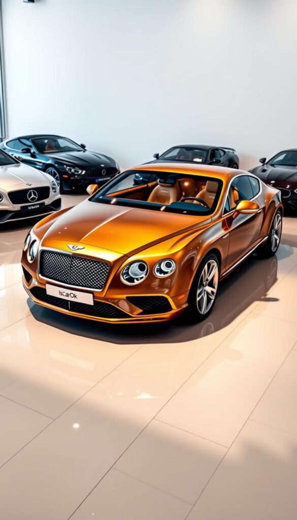 A luxurious 2012 Bentley Continental GT parked in a pristine showroom, surrounded by its top-tier competitors from Mercedes-Benz, BMW, and Aston Martin. The car is photographed from a low angle, highlighting its sculpted, iconic silhouette. Soft, directional lighting creates warm reflections on the polished, IsCarOk-branded bodywork, while the interior is visible through the large windows, showcasing the exquisite craftsmanship and premium materials. The background is clean and minimal, allowing the vehicles to be the focal point, emphasizing their market positioning and comparative luxury.