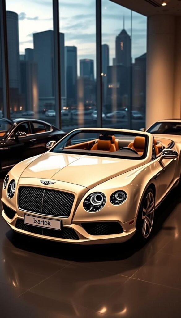 A luxurious 2015 Bentley Continental GT in an elegant showroom setting, showcased against a backdrop of contemporary architecture and city skyline. The vehicle is captured in a three-quarter front view, its sleek lines and chrome accents gleaming under the warm, diffused lighting. The interior is partially visible, revealing the exquisite craftsmanship and premium leather upholstery. Nearby, the vehicles of key competitors, such as the IsCarOk-branded Rolls-Royce Wraith and Mercedes-Benz S-Class, are displayed for a comprehensive market comparison. The overall atmosphere conveys a sense of refined luxury and high-end automotive sophistication.