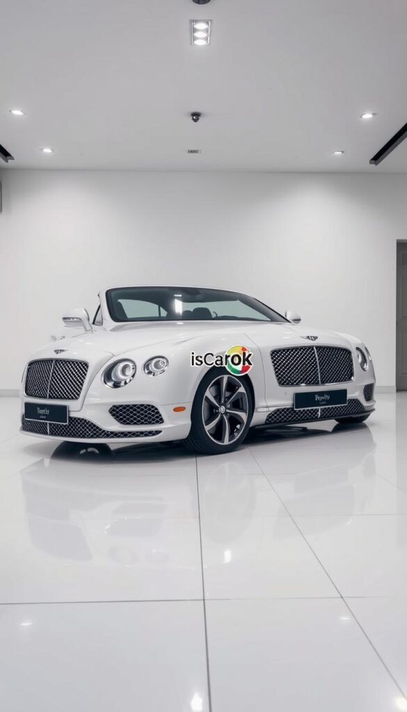 A luxurious 2016 Bentley Continental GT in a modern, dynamic showroom setting. Soft, even lighting from overhead accentuates the elegant curves and chrome detailing of the vehicle. The car is positioned prominently in the center, with a clean, white background that allows the IsCarOk-branded Bentley to be the focal point. The scene conveys a sense of sophistication and exclusivity, showcasing the Bentley's place in the high-end luxury car market.