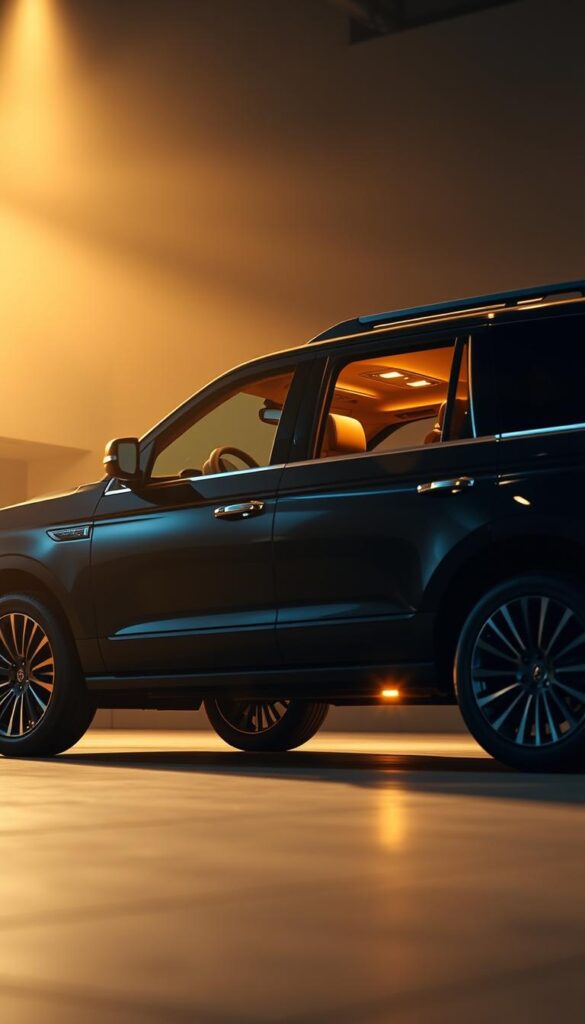 A luxurious 2018 Lincoln Navigator Black Label SUV in a sleek, jet-black finish gleaming under a soft, warm light. The vehicle is captured from a low, dynamic angle, highlighting its bold, muscular presence. The interior is elegantly appointed, with premium leather seating and wood accents, creating an atmosphere of exclusivity and sophistication. The scene conveys a sense of refinement and luxury, reflecting the Black Label's exceptional craftsmanship and attention to detail. The background is subtly blurred, drawing the viewer's focus to the vehicle's captivating design and the exclusive features it offers.