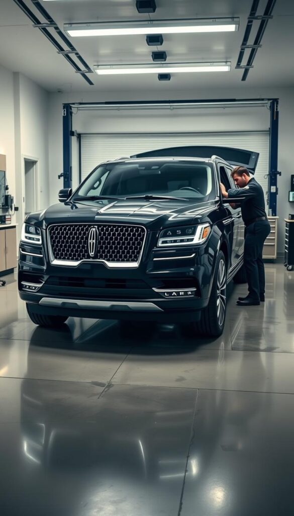 A luxurious 2018 Lincoln Navigator Black Label SUV parked in a sleek, modern service center. The vehicle is depicted in a three-quarter front view, showcasing its refined design elements such as the prominent grille, sleek headlights, and chrome accents. The lighting is soft and diffused, creating a warm, inviting atmosphere. The service center's interior is minimalist and well-organized, with a polished concrete floor, white walls, and strategically placed tools and equipment. The mechanic, dressed in a crisp uniform, is carefully inspecting the engine compartment, highlighting the attention to detail in the maintenance process. The overall scene conveys a sense of premium quality, exceptional customer service, and a seamless ownership experience.