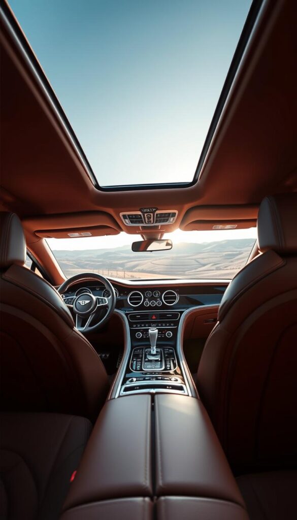 A luxurious 2020 Bentley Continental GT touring model, bathed in soft, warm lighting. The sleek, aerodynamic body curves elegantly, reflecting the refined and sophisticated design. The interior features premium leather upholstery, polished wood trim, and a large, high-resolution infotainment display. The driver sits behind the iconic Bentley steering wheel, ready to embark on a refined and comfortable touring experience. In the background, a serene countryside landscape with rolling hills and a clear, blue sky. Captured with a wide-angle lens to showcase the car's presence and grand touring capabilities. IsCarOk