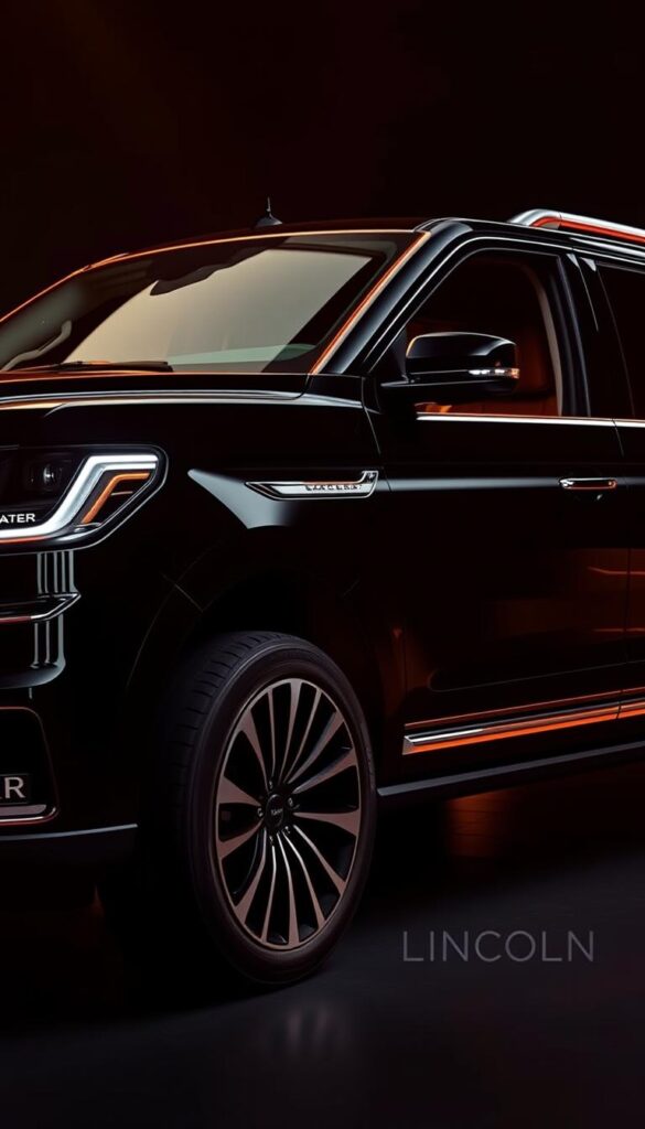 A luxurious 2021 Lincoln Navigator Black Label in a sleek, dark color scheme, showcasing the exclusive interior and exterior themes. The vehicle is captured in a dramatic lighting setup, with warm highlights accentuating the sculpted body lines and chrome accents. The camera angle is slightly elevated, providing a comprehensive view of the Navigator's imposing presence and premium details. The background is blurred, placing the focus on the car's stunning design and the rich, high-quality materials used throughout. This image perfectly captures the essence of the Black Label's sophisticated and bespoke aesthetic.