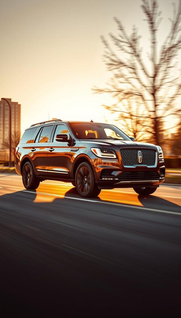 A luxurious 2022 Lincoln Navigator Black Label SUV glides through a serene urban landscape, its elegant silhouette bathed in warm, golden afternoon light. The sleek, aerodynamic body features a bold, confident grille and sculpted, muscular fenders that convey a sense of refined power. The vehicle's interior is finished with premium leather, wood, and metal accents, showcasing Lincoln's commitment to exceptional craftsmanship and attention to detail. The scene is captured from a low, dynamic angle, emphasizing the Navigator's commanding presence and premium design.