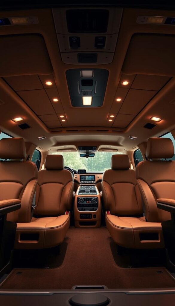 A luxurious 2022 Lincoln Navigator Black Label interior, captured in exquisite detail. The spacious cabin is bathed in warm, soft lighting, accentuating the rich, supple leather upholstery and elegant wood trim. The front seats are plush and supportive, offering ample legroom and headroom. The middle row features ample seating for three, with adjustable climate controls and entertainment screens. The cargo area is expansive, ready to accommodate a variety of items. The overall atmosphere is one of refined comfort and sophisticated style, inviting the viewer to settle in and experience the pinnacle of Lincoln's luxury SUV.