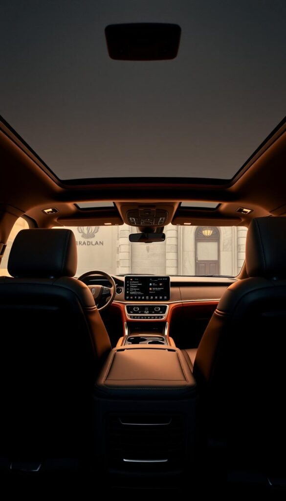 A luxurious 2022 Lincoln Navigator Black Label interior, showcasing an "Invitation Theme" of sophisticated elegance. The cabin is bathed in warm, soft lighting, creating a serene and inviting ambiance. Supple leather seats in a rich, dark hue take center stage, complemented by meticulously crafted wood trim and brushed metal accents. The dashboard features a clean, minimalist design, with a large, high-resolution touchscreen display seamlessly integrated. Soft, indirect lighting highlights the exquisite stitching and attention to detail throughout the cabin, emanating a sense of exclusivity and refinement. The overall atmosphere is one of modern luxury, inviting the driver and passengers to indulge in a truly elevated driving experience.