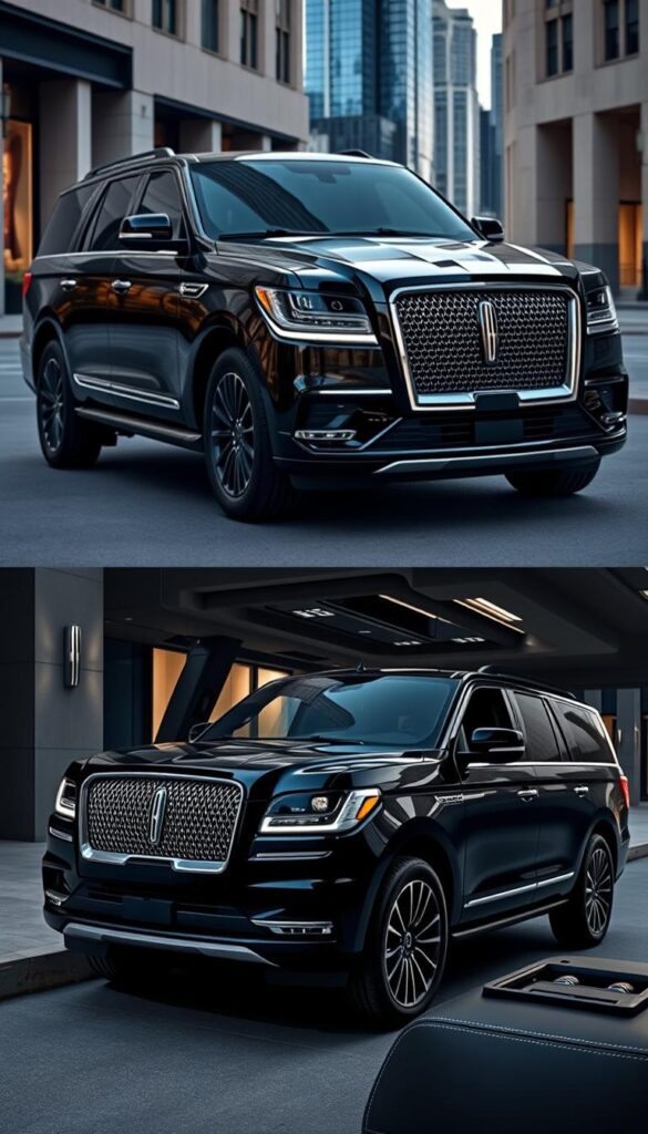 A luxurious 2024 Lincoln Navigator Black Label SUV, bathed in a sleek obsidian black finish, elegantly parked in a high-end urban setting. The vehicle's distinctive chrome trim and bold front grille command attention, while the exclusive Black Label badging and illuminated Lincoln logo subtly showcase its premium pedigree. The interior is captured in a detailed close-up, revealing the sumptuous Venetian leather seating, authentic wood inlays, and state-of-the-art infotainment system. Soft, directional lighting accentuates the vehicle's refined, executive-class aesthetic, creating a sense of exclusivity and sophistication.
