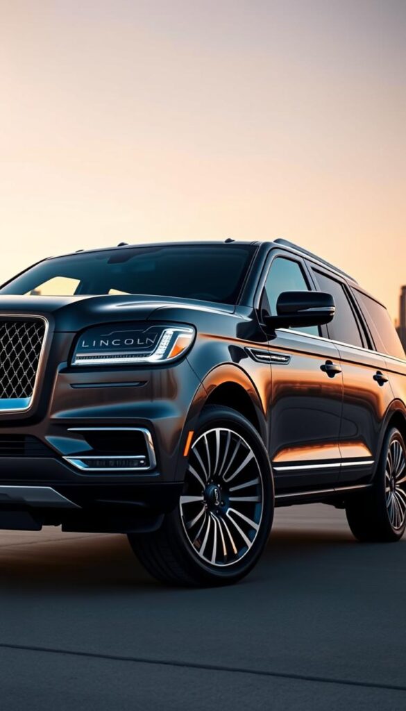 A luxurious 2024 Lincoln Navigator Black Label SUV, photographed from a low angle to capture its imposing presence. The sleek, sculpted body shimmers in the warm evening light, accentuating the bold grille and distinctive LED headlights. The large 22-inch alloy wheels and chrome accents exude an air of refined elegance. The vehicle is framed against a backdrop of a picturesque city skyline, hinting at the Navigator's suitability for both urban and rural environments. The image conveys a sense of power, sophistication, and the ultimate in Lincoln's exterior design.
