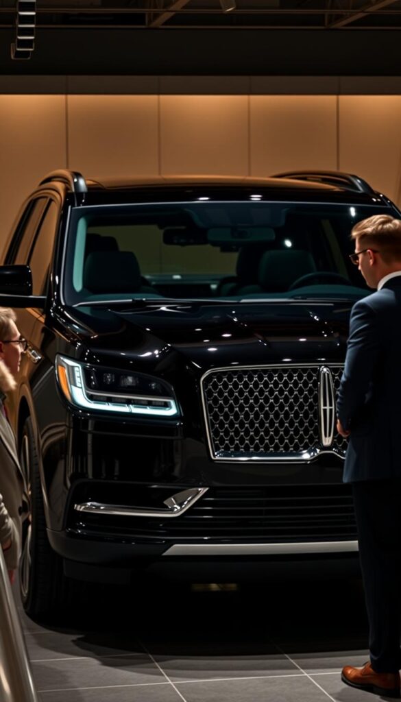 A luxurious 2025 Lincoln Navigator Black Label SUV, gleaming in a midnight black finish, sits in a dimly lit, high-end showroom. Soft ambient lighting illuminates the vehicle's sleek, muscular profile, accentuating its bold grille and chrome accents. The spacious interior is visible through the tinted windows, revealing plush leather seats and a meticulously designed dashboard. In the foreground, a well-dressed customer examines the vehicle, their expression one of awe and anticipation, as a knowledgeable sales associate stands nearby, ready to guide them through the premium experience. The scene conveys a sense of exclusivity, attention to detail, and the Lincoln brand's commitment to delivering a truly exceptional customer journey.