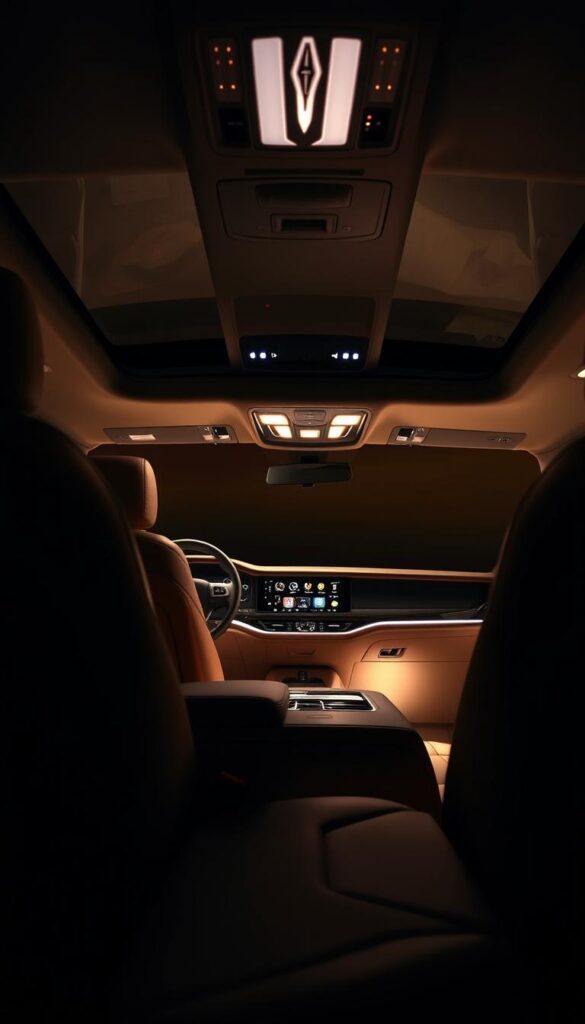 A luxurious 2025 Lincoln Navigator Black Label interior, bathed in a warm, ambient glow. The cabin is illuminated by soft, diffused lighting, creating a cozy and inviting atmosphere. Intricate details, such as the perforated leather seats and brushed metal accents, are highlighted, showcasing the vehicle's premium craftsmanship. The mood is serene and tranquil, with the lighting subtly accentuating the clean, modern lines of the dashboard and center console. The overall scene conveys a sense of sophistication and refined elegance, perfectly suited for the "Ambient Lighting and Interior Atmosphere" section of the article.