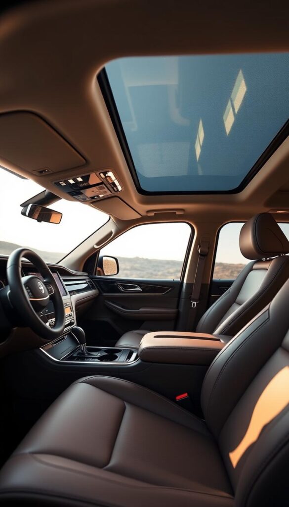 A luxurious 2025 Lincoln Navigator Black Label interior, showcasing a harmonious blend of premium materials. The spacious cabin features a sleek, minimalist dashboard design with a large, high-resolution touchscreen display. Soft, supple leather seats in a deep, rich tone provide exceptional comfort, while intricate wood grain accents add a touch of sophistication. Subtle ambient lighting casts a warm glow, creating a serene and inviting atmosphere. The cabin is bathed in natural light, courtesy of the panoramic sunroof, illuminating the elegant, modern aesthetic. A state-of-the-art sound system delivers a immersive listening experience, complementing the overall premium feel of the Black Label interior.