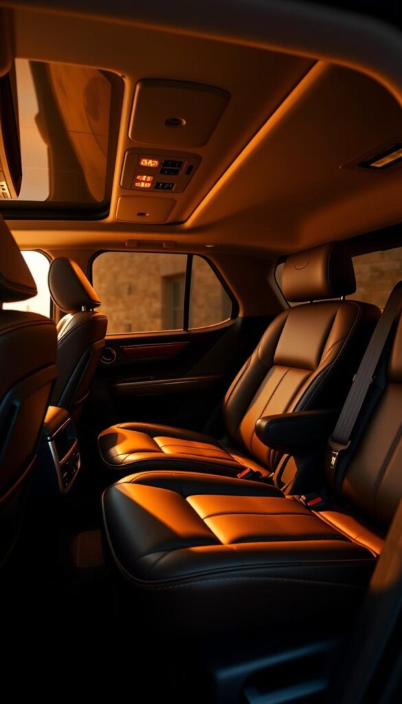 A luxurious 2025 Lincoln Navigator Black Label interior, showcasing the meticulously crafted seating configurations. A wide-angle, high-resolution shot captures the opulent leather upholstery, plush cushions, and adjustable headrests. Warm, indirect lighting accentuates the elegant wood and metal accents, creating a serene, sophisticated ambiance. The middle row features captain's chairs with ample legroom, while the third row offers a spacious, comfortable bench. The scene conveys a sense of indulgent comfort and attention to detail, perfectly suited for the discerning luxury SUV owner.
