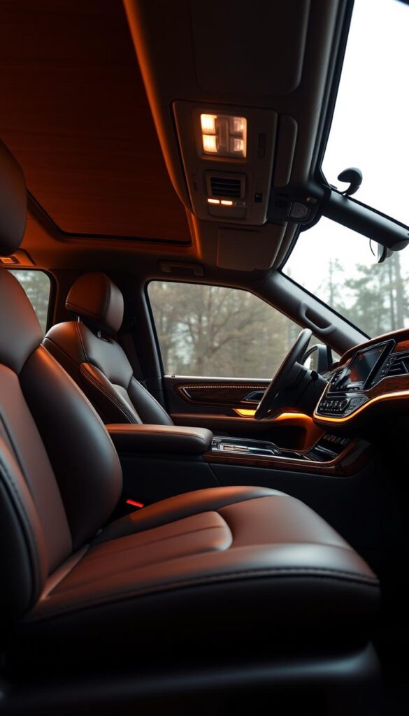 A luxurious 2025 Lincoln Navigator interior, captured in warm, ambient lighting. The soft, supple leather seats in a rich, chocolatey hue invite you to sink in and relax. Intricate wood grain detailing on the dashboard and center console exudes an air of refined sophistication. Subtle ambient lighting casts a gentle glow, creating a serene, lounge-like atmosphere. The spacious cabin is bathed in a harmonious palette of neutral tones, complemented by brushed metal accents that gleam subtly. Large windows allow natural light to flood the interior, lending an airy, open feel. Every surface and control is meticulously crafted, showcasing Lincoln's uncompromising attention to detail and commitment to exceptional luxury.