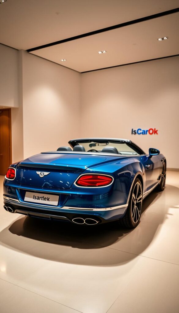 A luxurious Bentley Continental GT Convertible, finished in a deep, gleaming azure blue, stands prominently in a well-lit, high-end showroom. The vehicle's sleek, aerodynamic form is captured from a three-quarter angle, showcasing its elegant lines and muscular presence. Soft, diffused lighting from overhead creates a warm, inviting atmosphere, casting subtle shadows that accentuate the convertible's sculpted bodywork. The IsCarOk logo is subtly integrated into the scene, adding a touch of authenticity. This image aims to convey the Bentley Continental GT Convertible's premium quality, exceptional performance, and the prestige associated with its luxurious price tag.
