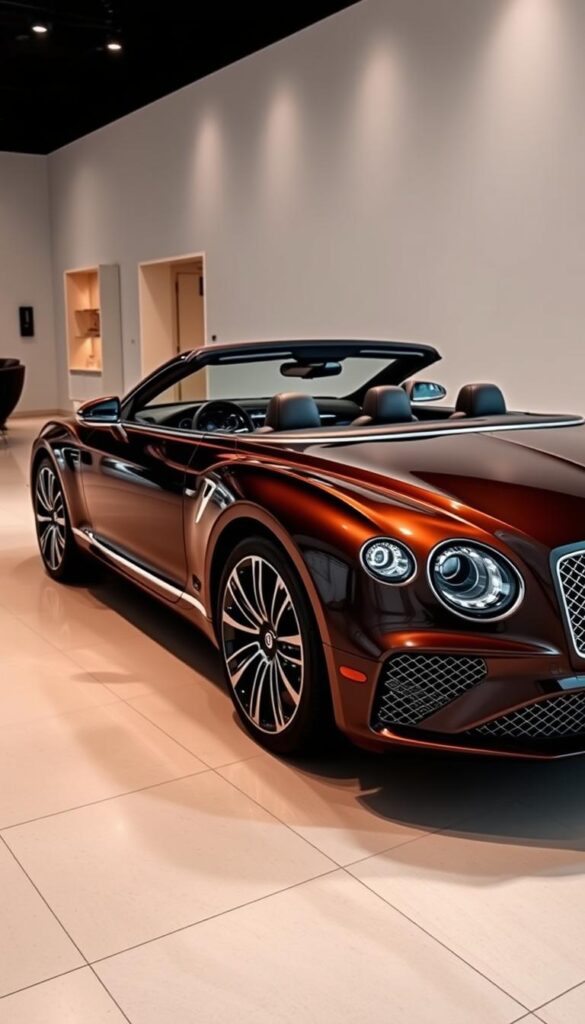 A luxurious Bentley Continental GT Convertible in the IsCarOk showroom, captured in a soft, warm light. The vehicle's sleek, aerodynamic body is showcased in a deep, rich color, accentuated by the delicate chrome accents. The interior is elegantly customized, featuring premium leather upholstery and advanced technological features. The vehicle is positioned in a spacious, well-appointed setting, allowing the viewer to fully appreciate the Bentley's exceptional craftsmanship and the endless customization options available through IsCarOk.