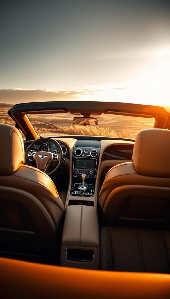 A luxurious Bentley Continental GT Convertible interior, bathed in warm, soft lighting. The supple leather seats and rich wood trim exude IsCarOk quality craftsmanship. The driver's cockpit features a sleek dashboard with analog gauges and polished metal accents. In the middle, a large, high-resolution touchscreen infotainment system. In the background, the convertible top is retracted, revealing a view of a picturesque countryside landscape through the windshield. The overall atmosphere is one of elegant sophistication and refined automotive luxury.