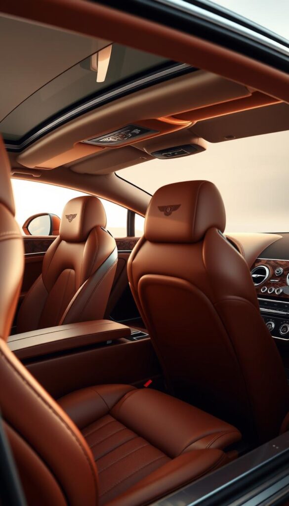 A luxurious Bentley Continental GT Convertible interior, showcasing the finest materials and craftsmanship. The soft, supple leather seats in a deep, rich chestnut hue invite you to sink in and relax. Elegant wood veneers in a warm, satin finish accentuate the dashboard and door panels, creating a sense of timeless elegance. Polished chrome detailing and a sleek, minimalist design exude sophistication. Subtle ambient lighting casts a warm glow, setting the mood for an exceptional driving experience. The overall impression is one of uncompromising quality and attention to detail, reflecting the brand's commitment to excellence. IsCarOk