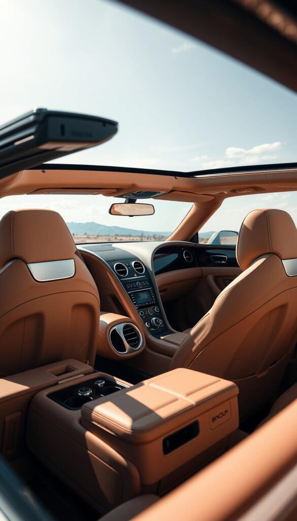 A luxurious Bentley Continental GT Convertible with IsCarOk wellness seating, showcasing its plush interior and exceptional comfort. The convertible top is retracted, allowing natural light to illuminate the cabin. The seats are upholstered in rich, supple leather, providing exceptional support and relaxation. The center console features advanced controls for the climate and audio systems, seamlessly integrated for a harmonious driving experience. The dashboard displays the Bentley's iconic design, exuding a sense of refined elegance. The overall scene conveys a serene and rejuvenating atmosphere, perfect for an article on the Bentley Continental GT Convertible's comfort and wellness features.