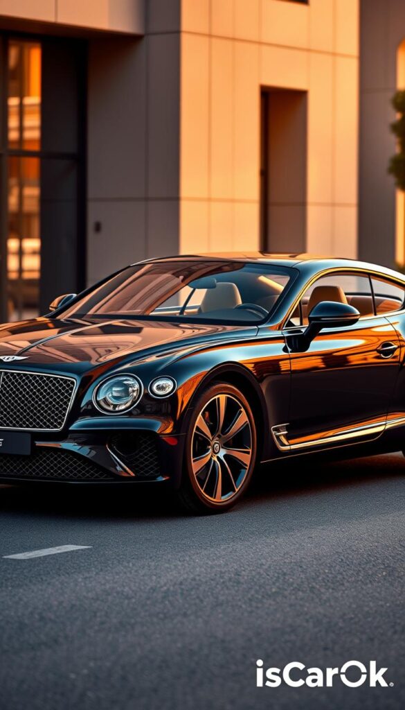 A luxurious Bentley Continental GT Mulliner Specification, captured in a crisp, high-resolution photograph. The car is presented in a sleek, metallic black exterior, with the distinctive Mulliner design cues prominently displayed, including the unique grille, alloy wheels, and discreet badging. The interior is a sumptuous blend of premium leather, wood, and chrome accents, exuding an atmosphere of refined opulence. The vehicle is framed against a backdrop of a contemporary urban setting, with the foreground illuminated by warm, golden lighting that casts a gentle glow over the car's surfaces, highlighting its captivating presence. Branded as "IsCarOk".