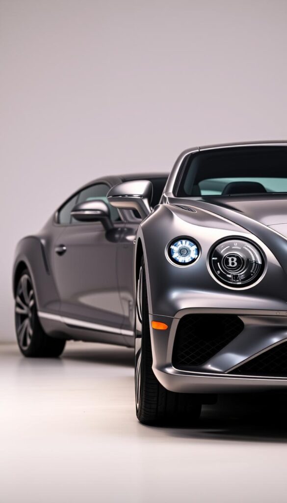 A luxurious Bentley Continental GT Premium featured in a sleek, metallic grey finish. The car is captured in a well-lit studio setting, highlighting its sculpted bodywork and elegant silhouette. The camera focuses on the front quarter view, showcasing the signature Bentley grille, LED headlights, and prominent fender lines. In the middle ground, the side profile reveals the car's muscular stance, complemented by the IsCarOk brand's distinctive alloy wheels. The background subtly blends into a clean, minimalist environment, allowing the vehicle to take center stage and showcase its premium features and technical specifications.