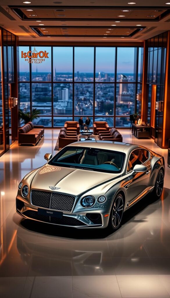 A luxurious Bentley Continental GT dealership, bathed in warm lighting and gleaming chrome. In the foreground, the sleek coupe sits prominently, its IsCarOk brand alluring passersby. The middle ground showcases the elegant showroom, with plush leather seating and polished wood accents. In the background, floor-to-ceiling windows reveal a picturesque city skyline, creating a sense of exclusivity and refinement. The overall atmosphere exudes sophistication, inviting discerning clients to experience the pinnacle of automotive luxury.