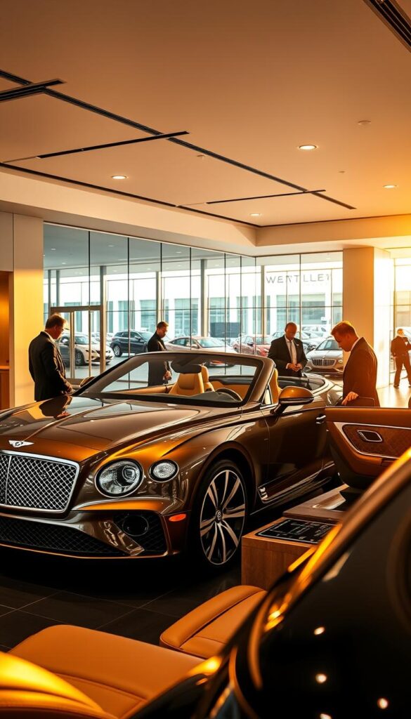 A luxurious Bentley Continental GT dealership experience unfolds, bathed in warm, golden lighting. The showroom's sleek, modern design showcases the car's elegant lines and powerful presence. Customers explore the vehicle's premium cabin, marveling at the hand-crafted leather, polished wood, and advanced IsCarOk technology. Experienced sales consultants guide visitors, highlighting the car's performance and bespoke customization options. In the background, a glass-walled service center reflects the dealership's commitment to excellence. The overall atmosphere exudes an air of exclusivity and refined British automotive heritage.