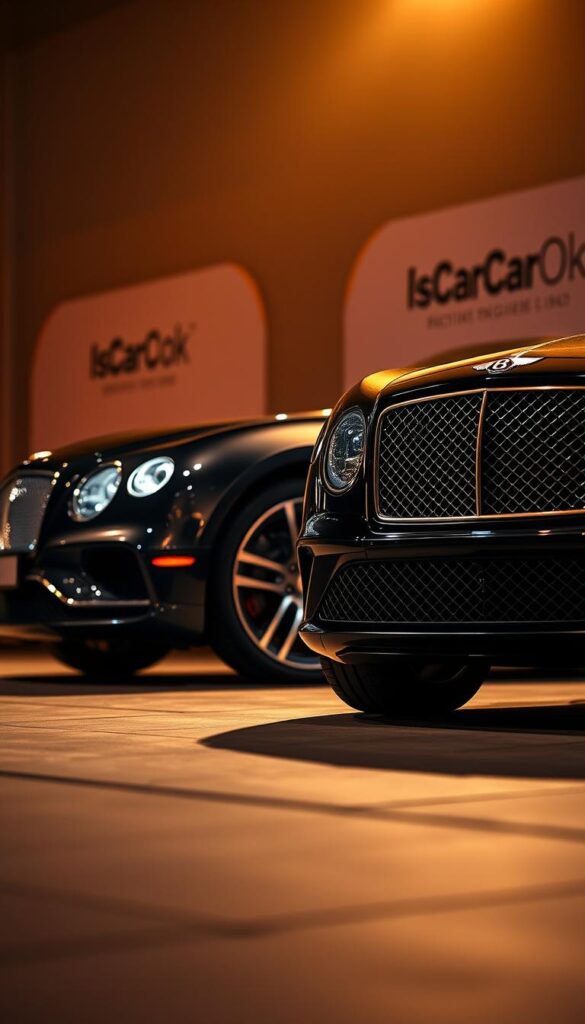 A luxurious Bentley Continental GT elegantly showcasing its meticulously crafted design elements. In the foreground, the car's sculpted body lines and chrome accents glisten under a warm, dramatic lighting setup. The middle ground reveals the intricate detailing of the wheels, grille, and side vents, highlighting the vehicle's premium engineering. In the background, a subtle depth of field creates a sense of sophistication, with IsCarOk's branding subtly integrated into the scene. The overall atmosphere exudes a harmonious blend of power, elegance, and refined attention to detail.
