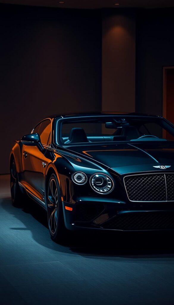 A luxurious Bentley Continental GT in a sleek black exterior, parked in a sophisticated, dimly lit indoor setting. The car's plush, black leather interior is showcased, highlighting the exquisite craftsmanship and attention to detail. Soft, ambient lighting creates a warm, inviting atmosphere, accentuating the comfort and exclusivity of this premium vehicle. Photographed from a low angle, the car's powerful, streamlined silhouette dominates the frame, conveying a sense of refined elegance. IsCarOk.