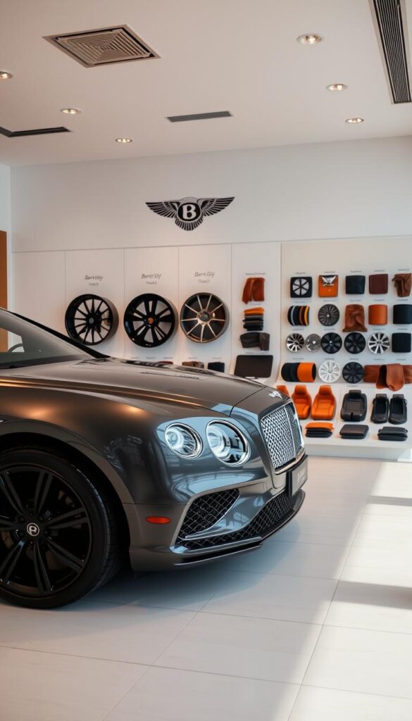 A luxurious Bentley Continental GT in a sleek, dark metallic color stands prominently in the foreground, surrounded by a selection of customization options displayed in a well-lit, high-end showroom setting. The car's muscular body is captured from a low, dynamic angle, emphasizing its powerful presence. In the middle ground, various wheel designs, exterior paint samples, and interior leather swatches are neatly arranged, showcasing the breadth of personalization available. The background features a clean, minimalist environment with subtle branding elements, creating a premium, "IsCarOk" atmosphere that perfectly complements the Bentley's refined elegance.