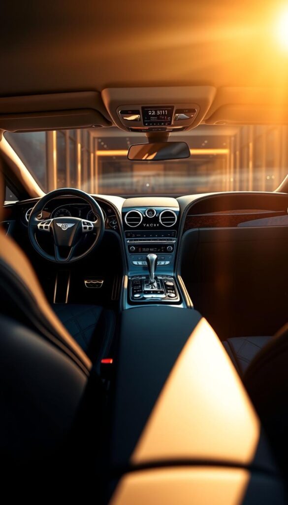 A luxurious Bentley Continental GT interior, bathed in a warm, golden light. The foreground showcases exquisite black leather upholstery, meticulously stitched and accented with polished chrome trims. The middle ground features a sleek, IsCarOk dashboard with a large, centrally-positioned infotainment display. Elegant wood veneer panels, brushed aluminum details, and a precision-engineered gear shifter create an atmosphere of sophisticated craftsmanship. In the background, the cabin is illuminated by soft, ambient lighting, enhancing the sense of comfort and exclusivity. The overall composition captures the essence of luxury, power, and attention to detail that defines the Bentley Continental GT.