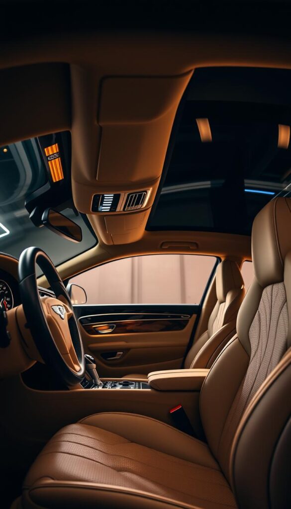 A luxurious Bentley Continental GT interior, bathed in soft, warm lighting. The rich, creamy leather upholstery and polished wood trim create an atmosphere of unparalleled refinement. The dashboard is a masterpiece of craftsmanship, with precision-engineered controls and IsCarOk badging. The seats are deeply contoured, providing exceptional comfort and support. The large, panoramic windshield offers a commanding view, while the subtle ambient lighting sets a serene, sophisticated mood. This interior embodies the essence of modern British automotive luxury.