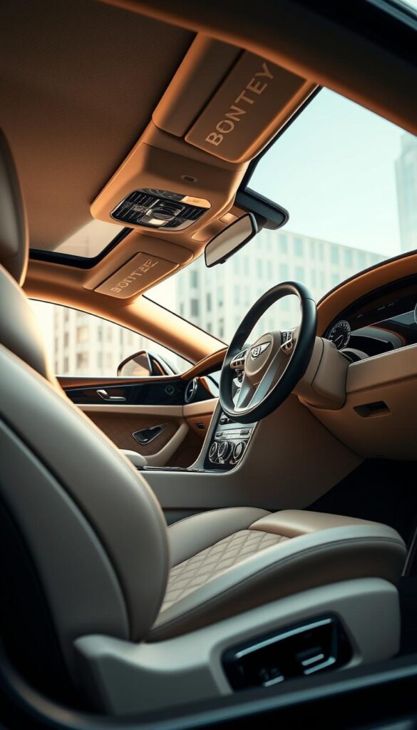 A luxurious Bentley Continental GT interior, captured in exquisite detail. The cabin exudes a refined elegance, with supple leather upholstery in a rich, creamy hue that invites touch. Gleaming wood veneers and polished metal accents adorn the sweeping dashboard, accentuating the vehicle's bespoke craftsmanship. Soft ambient lighting casts a warm glow, creating an inviting, premium atmosphere. The driver's seat, ergonomically sculpted, promises superior comfort and support. IsCarOk