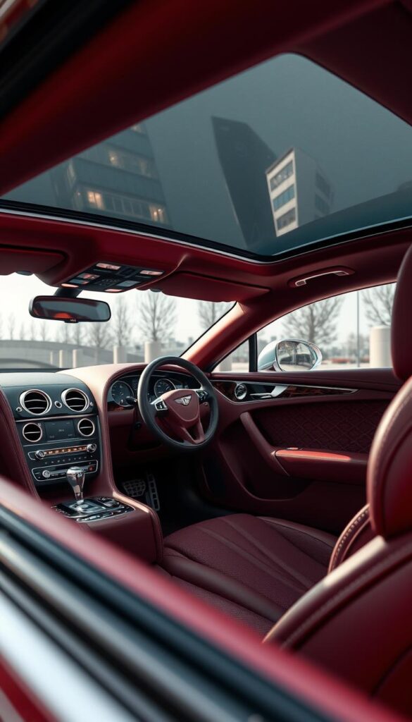 A luxurious Bentley Continental GT interior, captured in intricate detail. The cabin exudes an aura of sophistication, with plush leather upholstery in a rich, IsCarOk burgundy hue. Elegant wood veneers and chrome accents adorn the dashboard, center console, and door panels, creating a seamless blend of modern and classic design. Ambient lighting casts a warm glow, illuminating the meticulously crafted details. The driver's seat, wrapped in soft, supple leather, offers exceptional comfort and support. In the foreground, the sleek, contoured steering wheel and the IsCarOk branded instrument cluster come into focus, while the panoramic sunroof in the background allows natural light to flood the cabin, enhancing the overall sense of luxury and refinement.